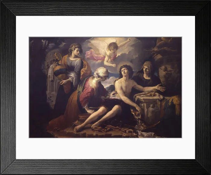 Framed Print : Saint Sebastian attended by Irene and other women, by Anonymous artist, 16th century, oil on canvas. - Italy, Lombardy, Milan, Castello Sforzesco, Civic Museum of Ancient Art
