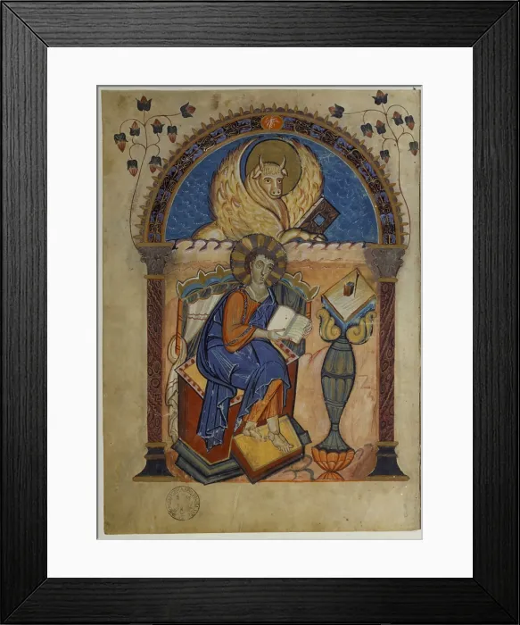 Framed Print : Luke the Evangelist. Evangeliarium from Lorsch. ms. Pal. Lat. 50 fol. Iv. ca. 778 - 820, 7th Century, miniature - Vatican City, Apostolic Vatican Library. Whole artwork view Framed Print : Luke the Evangelist. Evangeliarium from Lorsch. ms. Pal. Lat. 50 fol. Iv. ca. 778 - 820, 7th Century, miniature - Vatican City, Apostolic Vatican Library. Whole artwork view
