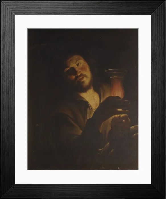 Framed Print : Man with glass and candle, Attributed to Gherardo Delle Notti or Trophine Bigot, 17th century, oil on canvas. - Italy, Lombardy, Milan, Brera Collection. Whole artwork view Framed Print : Man with glass and candle, Attributed to Gherardo Delle Notti or Trophine Bigot, 17th century, oil on canvas. - Italy, Lombardy, Milan, Brera Collection. Whole artwork view