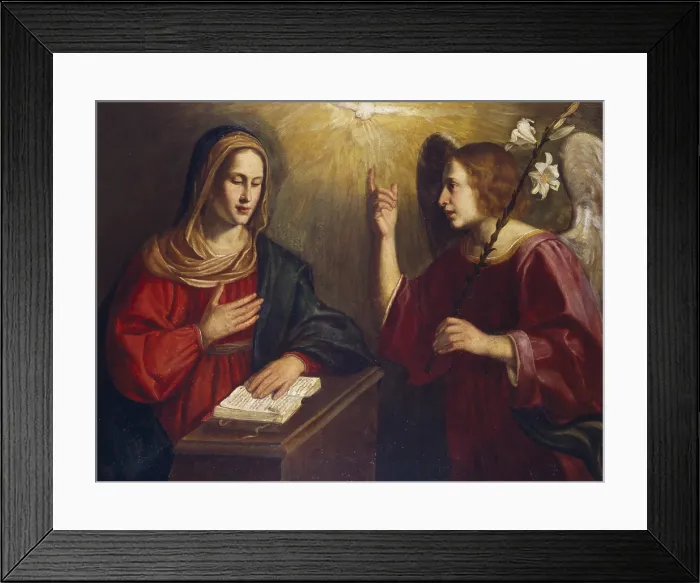 Framed Print : Annunciation, by Giulio Bistolli, 17th Century, oil on canvas - Italy, Emilia Romagna, Sant'Arcangelo di Romagna, Civic Library. Whole artwork view
