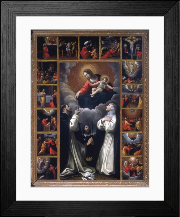 Framed Print : Madonna of the Rosary with Saints Domenico and Catherine from Siena, by Giovanni Battista Bertusco, 17th Century, oil on canvas - Italy, Emilia Romagna, Samelano Montese