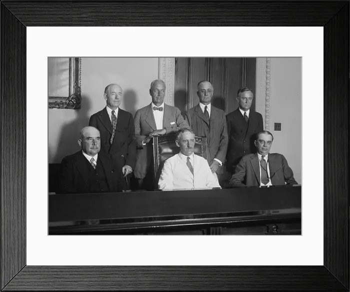 Framed Print : American Reparations Commission, June 25, 1929. They negotiated a settlement among the European nations for adjustment in German reparations payments. Front, L-R: J