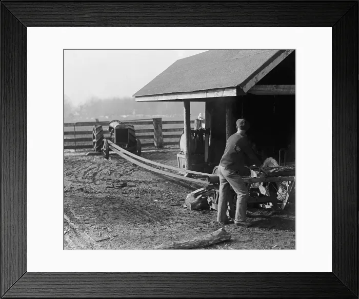 Framed Print : Ford model tractor powering a belt drive saw mill, 1925. Before rural electrification tractors energized many machines on American farms (BSLOC_2016_8_4)