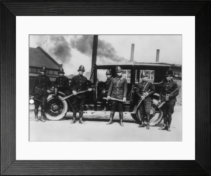 Framed Print : State troopers with riot guns await duty at Farrell, Pennsylvania during the Steel Strike of 1919