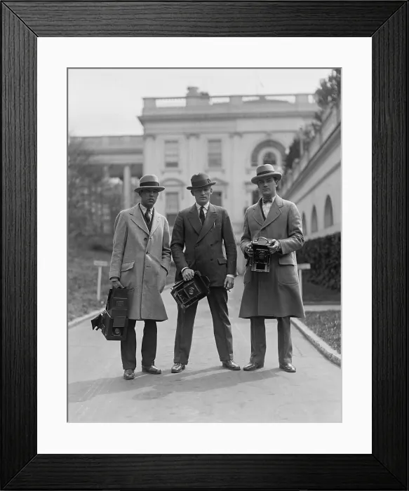 Framed Print : Three news photographers outside White House, c. 1920s