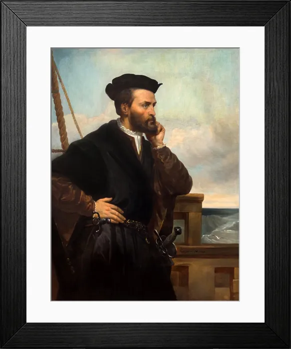 Framed Print : JACQUES CARTIER, 1844, painting, oil on canvas by Theophile Hame, after Francois Nicholas. Cartier's three expeditions (1534, 1535-36, 1541-42) to the St Framed Print : JACQUES CARTIER, 1844, painting, oil on canvas by Theophile Hame, after Francois Nicholas. Cartier's three expeditions (1534, 1535-36, 1541-42) to the St