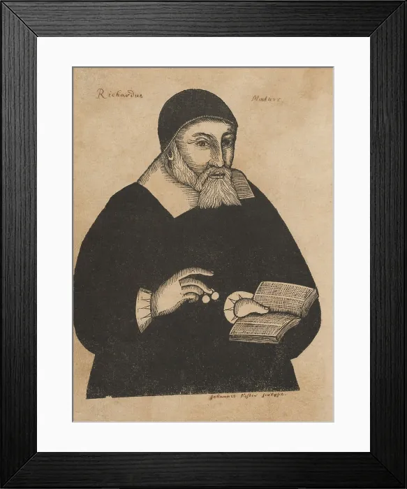 Framed Print : Reverend Richard Mather, a Puritan minister, holds a bible and spectacles in a wood engraving by John Foster Framed Print : Reverend Richard Mather, a Puritan minister, holds a bible and spectacles in a wood engraving by John Foster