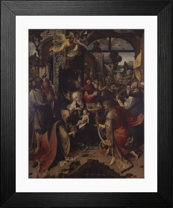 Framed Print : Adoration of the Magi, Nativity, Rest on the Flight into Egypt, by Jan de Beer, 16th century, oil on wood walnut. - Italy, Lombardy, Milan, Brera Collection. Detail Framed Print : Adoration of the Magi, Nativity, Rest on the Flight into Egypt, by Jan de Beer, 16th century, oil on wood walnut. - Italy, Lombardy, Milan, Brera Collection. Detail