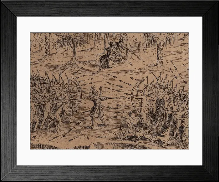 Framed Print : DEFEAT OF THE IROQUOIS AT LAKE CHAMPLAIN, detail of 1613 engraving after a drawing by Samuel de Champlain Framed Print : DEFEAT OF THE IROQUOIS AT LAKE CHAMPLAIN, detail of 1613 engraving after a drawing by Samuel de Champlain