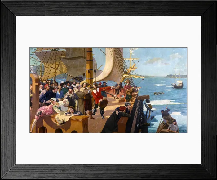 Framed Print : THE ARRIVAL OF CHAMPLAIN AT QUEBEC, by Henri Beau, 1904, painting, oil on canvas. This likely represents Champlains 1628 or 1633, voyage across the Atlantic Ocean to Quebec