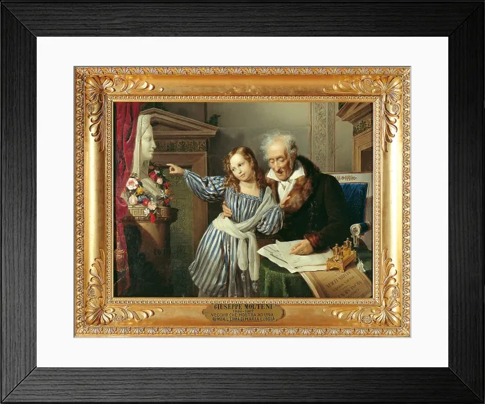 Framed Print : Old Man Showing His Little Niece the Herm of Maria Luigia, by Giuseppe Molteni, 1830, 19th Century, oil on canvas, cm 99, 1 x 130 - Italy, Emilia Romagna, Parma