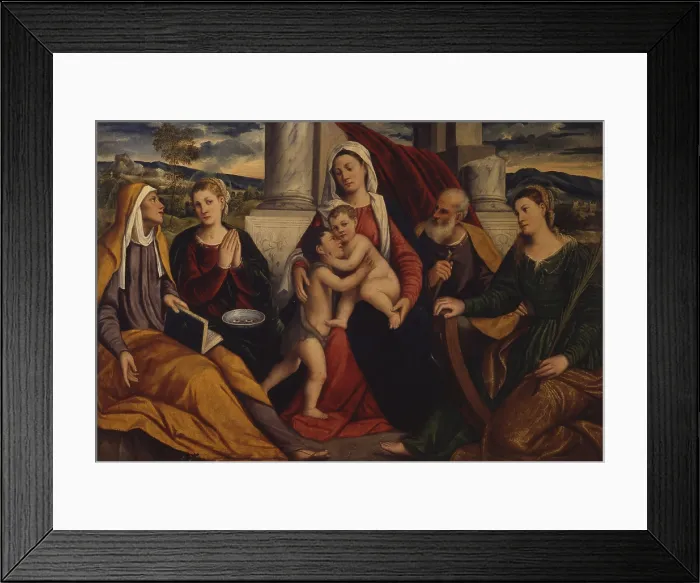 Framed Print : Holy Family with Saint John the Baptist, Saint Elizabeth, Saint Lucy, Saint Catherine of Alexandria, by Bonifacio Veronese known as Bonifacio de Pitati and other, 1510-1550