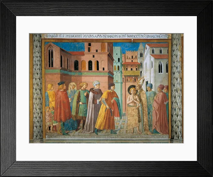 Framed Print : Scenes from the Life of St Francis Renunciation of Paternal Wealth, by Benozzo di Lese di Sandro known as Benozzo Gozzoli, 15th Century, 1450 -1452 about, fresco, - Italy, Umbria