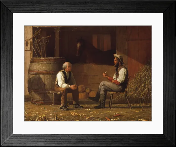 Framed Print : TALKING IT OVER, 1872, by Enoch Wood Perry, American painting, oil on canvas. Two men talk in a horse stable