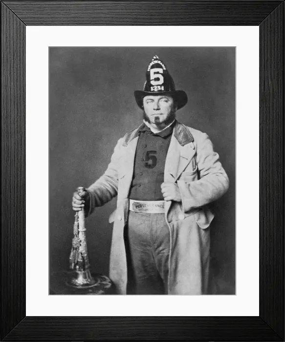 Framed Print : Portrait of fireman from the Perseverance Hose Company wears a firemans uniform and rests his right hand on a speakers trumpet in the 1850s Framed Print : Portrait of fireman from the Perseverance Hose Company wears a firemans uniform and rests his right hand on a speakers trumpet in the 1850s