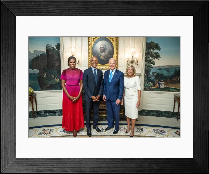 Framed Print : President Joe Biden and First Lady Jill Biden pose for photos with former President Barack Obama and former First Lady Michelle Obama, Sept