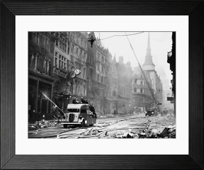 Framed Print : Ludgate Hill area of London with firemen, equipment, and burnt out buildings during the Blitz