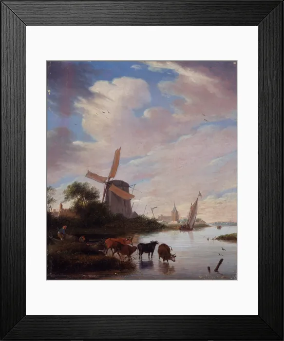 Framed Print : Landscape with Windmill Near a River, Unknown Dutch Artist, 1630 - 1699, 17th Century, oil on board, 30 x 27 cm - Italy, Lombardy, Milan, Castello Sforzesco