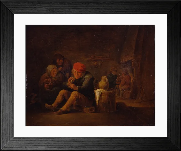 Framed Print : Interior with Smokers, by Unknown Artist close to David Teniers the Younger, 1640 - 1699, 17th Century, oil on board, 19, 5 x 25 cm - Italy, Lombardy, Milan, Castello Sforzesco