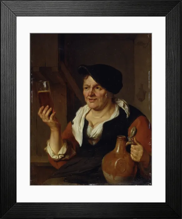 Framed Print : Woman Drinking some Beer, by Ary de Vois, 1660 - 1680, 17th Century, oil on copper, 24 x 20 cm - Italy, Lombardy, Milan, Castello Sforzesco, Civic Collections of Ancient Art