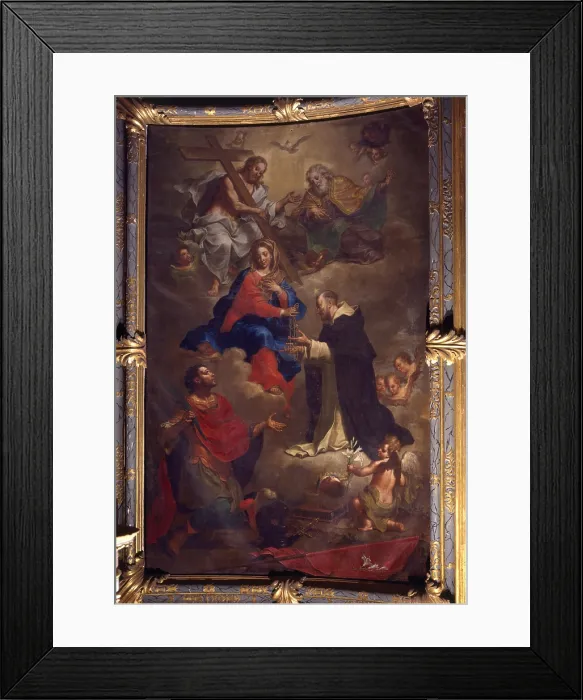 Framed Print : Madonna of the Rosary and Saints, by Bortolo Litterini, 17th - 18th Century, oil on canvas - Italy, Lombardy, Villongo Sant'Alessandro, Parrish Curch. Whole artwork view