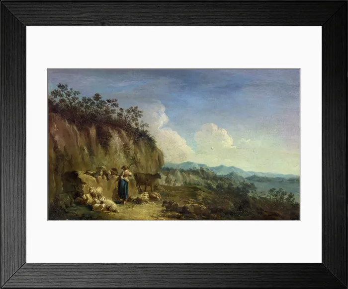 Framed Print : Landscape with shepards and animals, by Unknown Italian Artist, 18th Century, oil on canvas, 60 x 36 cm - Italy, Lombardy, Milan, Castello Sforzesco