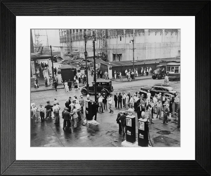 Framed Print : Men near the gate of the Brooklyn Navy Yard during an electrical workers strike. 1941. In the background is a picket line. (BSLOC_2013_6_118)