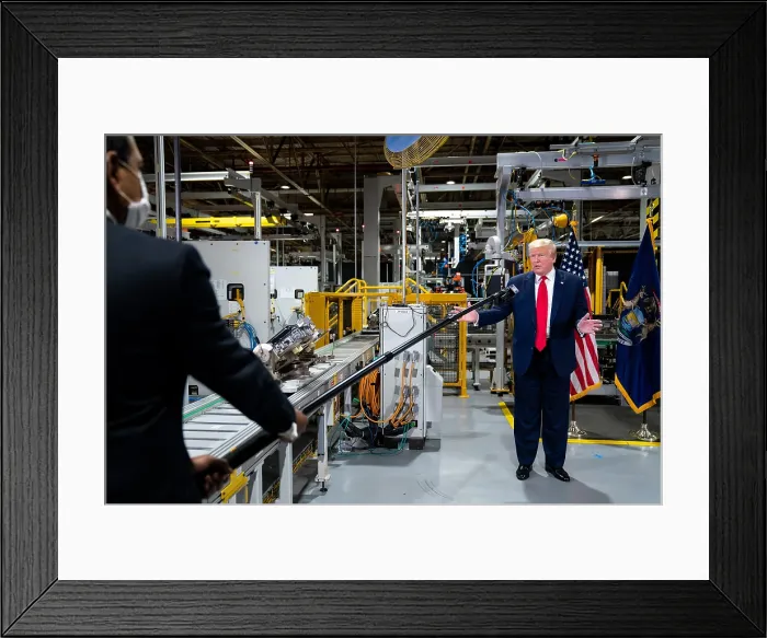 Framed Print : President Donald Trump is interviewed at the Ford Rawsonville Components Plant in Ypsilanti, Michigan, May 21, 2020