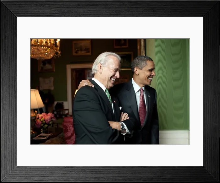 Framed Print : President Barack Obama and Vice President Joe Biden in good spirits before their appearance at the Fatherhood Town Hall at the White House, June 19, 2009 (BSLOC_2020_4_9)