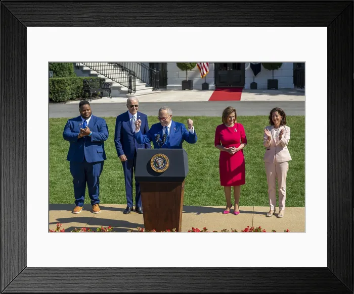 Framed Print : Majority Leader Chuck Schumer speaks at the White House, Aug. 9, 2022, before President Joe Biden signs The CHIPS and Science Act of 2022