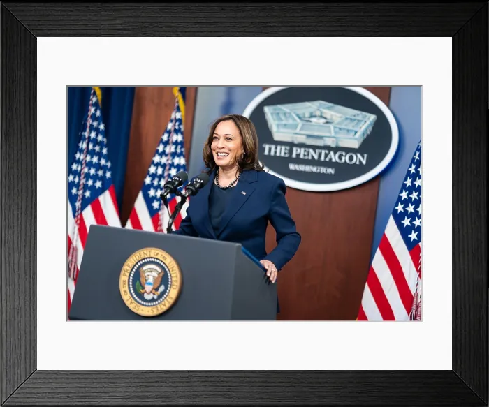 Framed Print : Vice President Kamala Harris speaking at a Pentagon conference. On Feb. 10, 2021