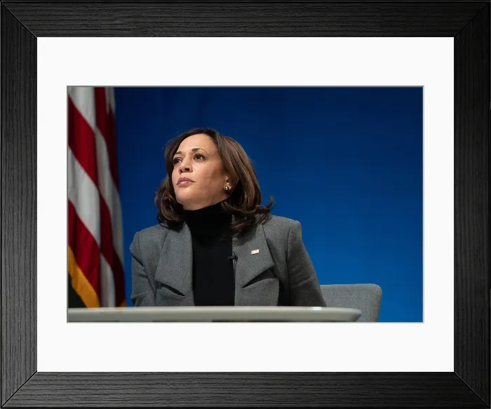 Framed Print : Vice President Kamala Harris listens during a virtual tour of the Community Vaccination Center at State Farm Stadium in Glendale, Arizona, Feb. 8, 2021 (BSLOC_2021_4_26) Framed Print : Vice President Kamala Harris listens during a virtual tour of the Community Vaccination Center at State Farm Stadium in Glendale, Arizona, Feb. 8, 2021 (BSLOC_2021_4_26)