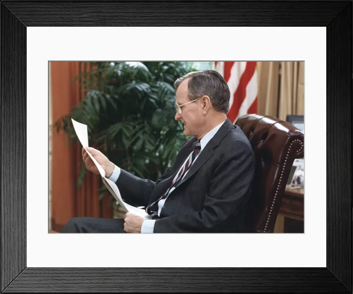 Framed Print : President George H.W. Bush, reading a document at his desk in the White House, March 28, 1991 (BSLOC_2021_3_53)