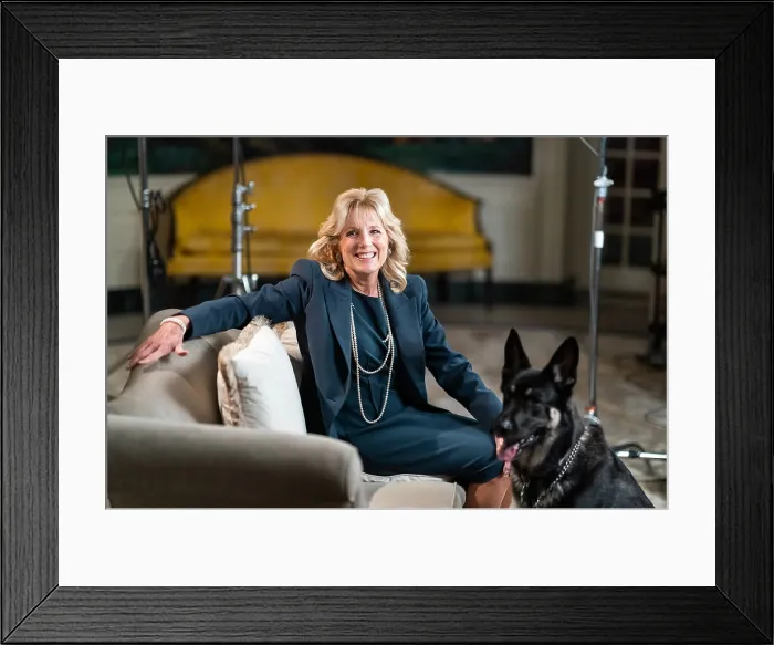 Framed Print : First Lady Jill Biden and the Biden family dog, Major, before taping a video segment with President Joe Biden for Super Bowl LV, Feb. 3, 2021, (BSLOC_2021_4_18) Framed Print : First Lady Jill Biden and the Biden family dog, Major, before taping a video segment with President Joe Biden for Super Bowl LV, Feb. 3, 2021, (BSLOC_2021_4_18)