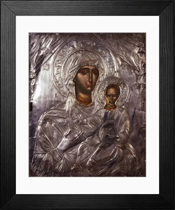 Framed Print : Mother of God with Child, 17th Century, tempera on wood covered with silver - Albania, Berat, Museum Onufri. Whole artwork view