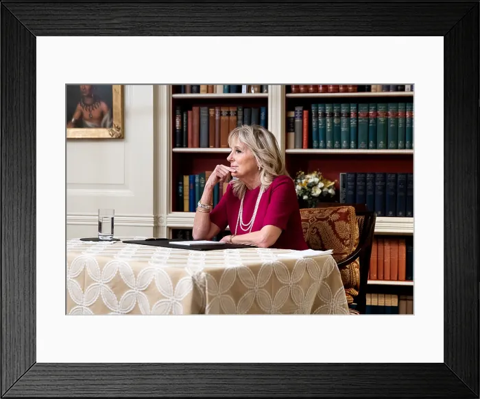Framed Print : First Lady Jill Biden hosts a virtual event to honor the work of educators, Jan. 21, 2021, in her first event of the Biden administration. The Library of the White House Framed Print : First Lady Jill Biden hosts a virtual event to honor the work of educators, Jan. 21, 2021, in her first event of the Biden administration. The Library of the White House