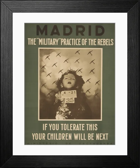 Framed Print : Republican English language poster attacking the Nationalist practice of aerial bombing