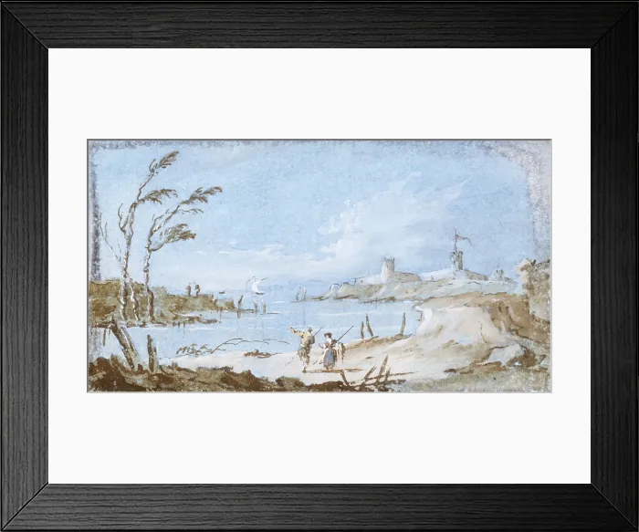 Framed Print : Seen of a Stream with Towers, probably by Giacomo Guardi, 18th Century, tempera on paper - Italy, Lombardy, Milan, Castello Sforzesco, Civic Collections of Ancient Art