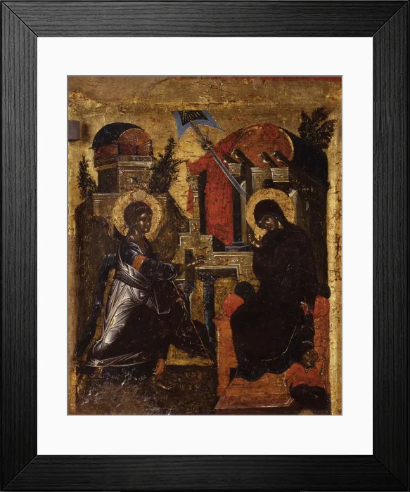 Framed Print : Annunciation, by Unknown Artist, tempera on wood - Albrania, Berat, Onufri Museum. Whole artwork view. The Virgin sits and listens to te announcement by archangel Gabriel