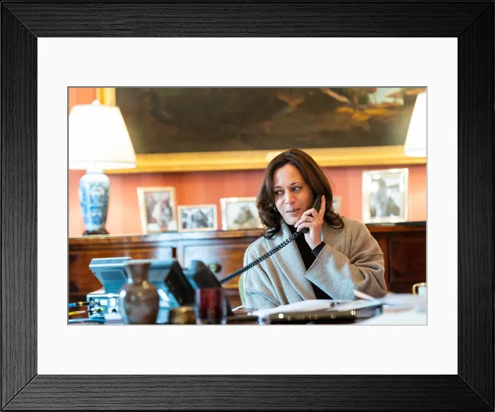 Framed Print : Vice President Kamala Harris talks on the phone with French President Emmanuel Macron, Feb. 15, 2021