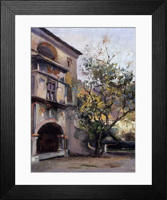 Framed Print : Castel in Issogne (Castello di Issogne), by Demetrio Cosola, 1870 - 1895, 19th Century, oil on board - Private collection. Whole artwork view. Sight of the courtyard with a tree