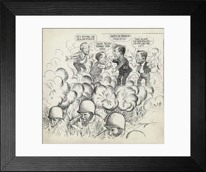 Framed Print : All One Front, All One War, by Clifford Berryman. World War 2 cartoon shows three determined-looking soldiers on the fighting front