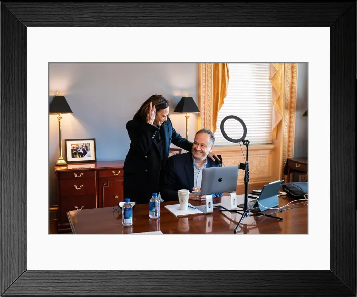 Framed Print : Vice President Kamala Harris visits with her husband, Second Gentleman Doug Emhoff, in his office in the Eisenhower Executive Office Building, Jan. 28, 2021 (BSLOC_2021_4_32)