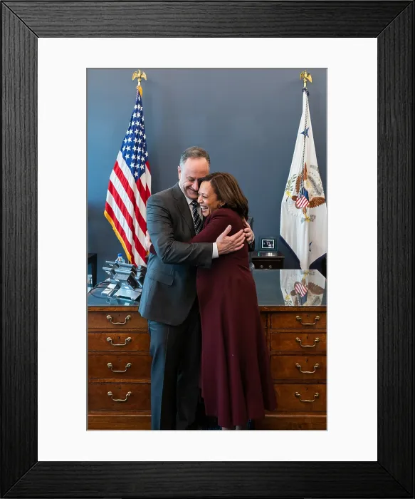 Framed Print : Vice President Kamala Harris embraces her husband, Doug Emhoff, during her first visit to her White House West Wing Office, Jan. 21, 2021 (BSLOC_2021_4_33)