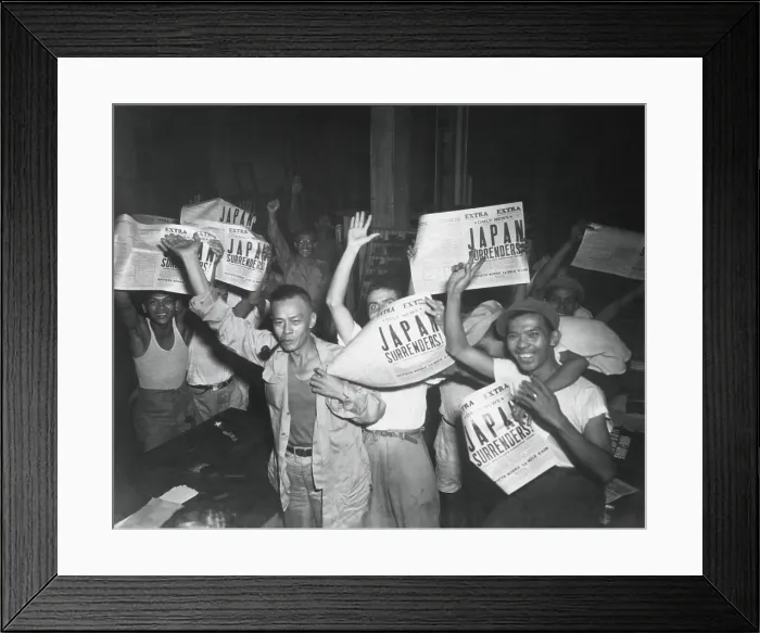 Framed Print : Filipinos celebrate headlines, Japan Surrenders at the end of World War 2. August 10-15, 1945. (BSLOC_2014_10_274)