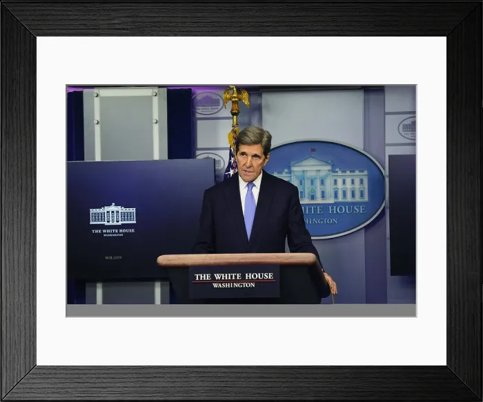 Framed Print : Special Envoy for Climate, John Kerry, meets with reporters, Jan. 27, 2021, at the White House