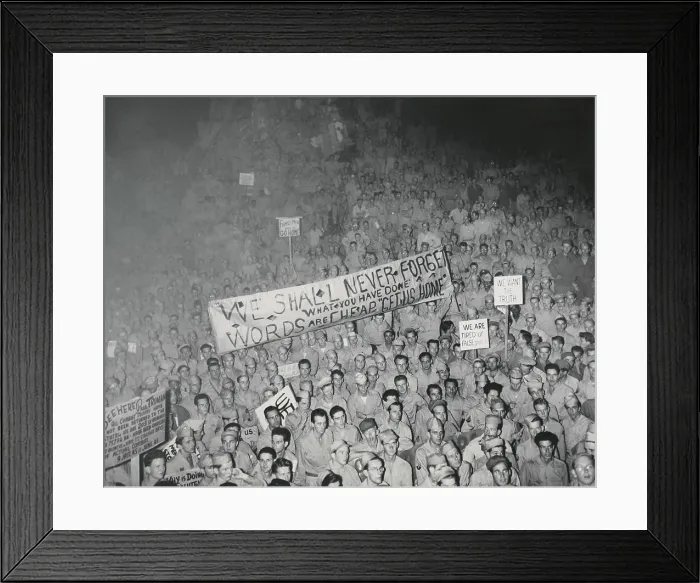 Framed Print : U.S. soldiers demonstrating at Manila's City Hall for their post World War 2 return home. Demobilization of the 12 million U.S