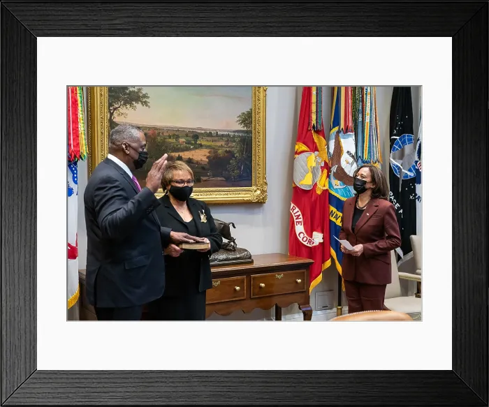 Framed Print : Vice President Kamala Harris administers the oath of office to Lloyd Austin as Secretary of Defense, Monday, Jan. 25, 2021
