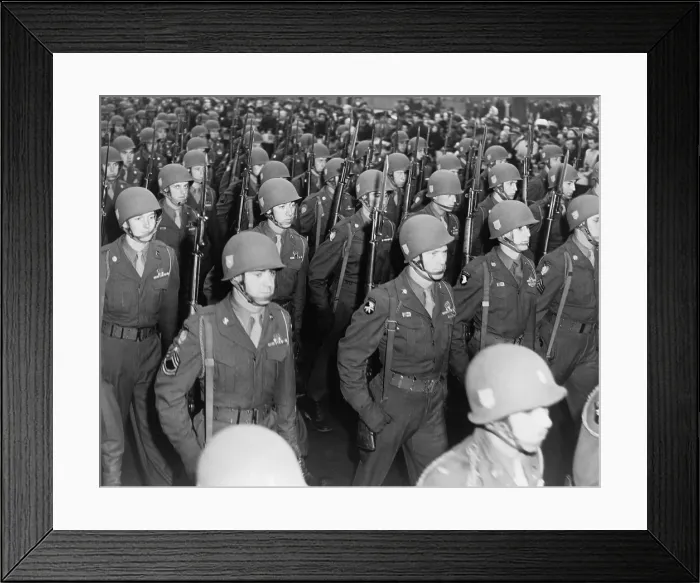 Framed Print : Some of the 13, 000 soldiers marching in a parade in New York City. New York was the site of the largest American Victory in Europe Day celebrations. Jan. 12, 1946. World War 2 Framed Print : Some of the 13, 000 soldiers marching in a parade in New York City. New York was the site of the largest American Victory in Europe Day celebrations. Jan. 12, 1946. World War 2