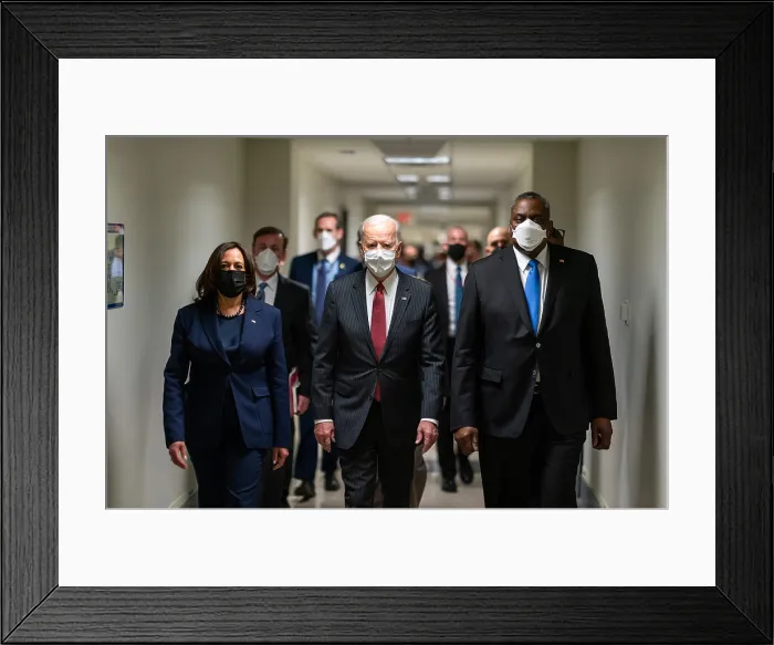 Framed Print : President Joe Biden and Vice President Kamala Harris, walk through a Pentagon hallway with Secretary of Defense, Lloyd Austin, Feb. 10, 2021 (BSLOC_2021_4_42)